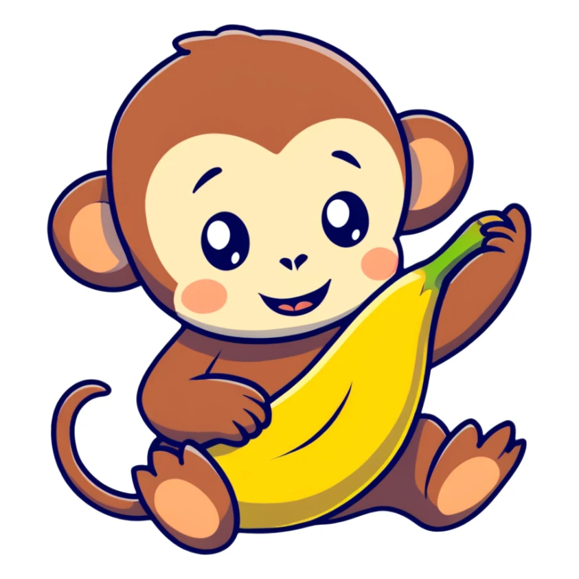adorable baby monkey carefully peeling a banana sticker