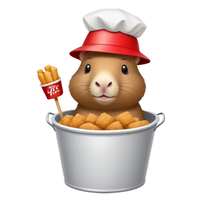 Capybara wearing a tiny KFC bucket as a hat on its head sticker