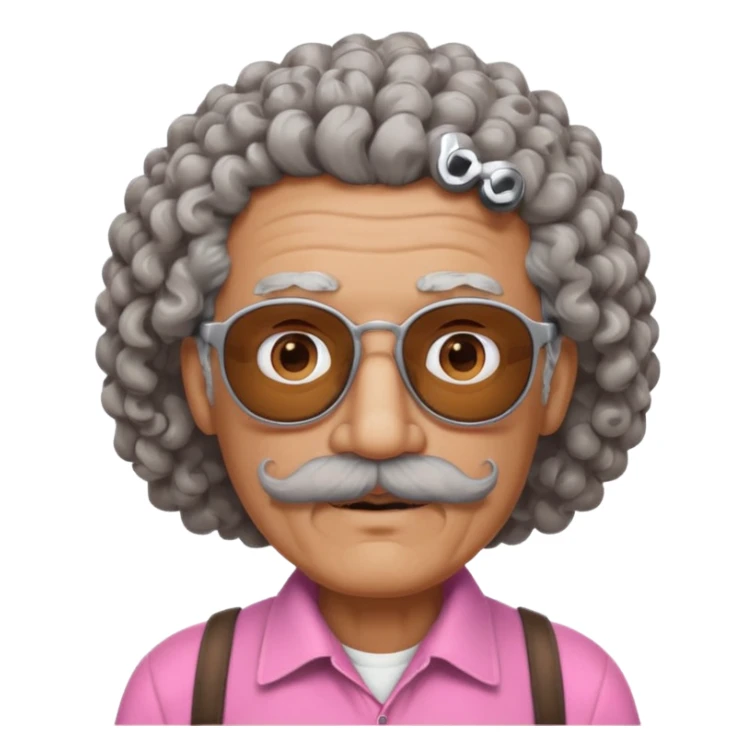 old guy with very curly hair and brown shades and big  pink mustache sticker