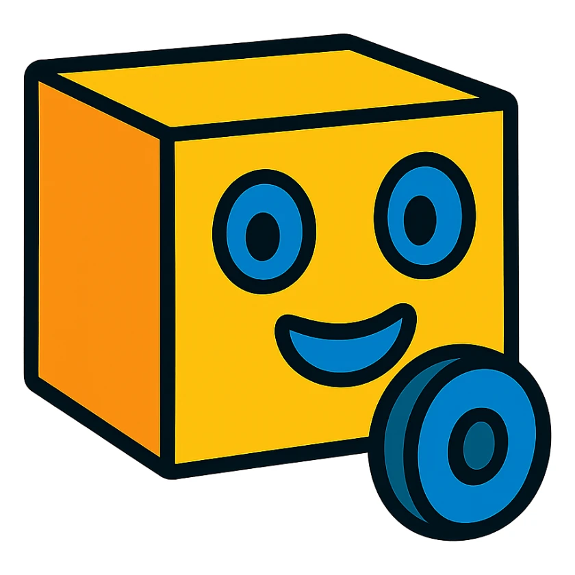 yellow cube with blue eyes, blue mouth, and blue wheel matching the eyes, vibrant cartoon style sticker
