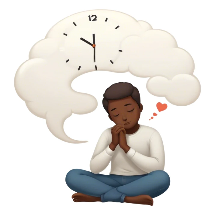 A person sits with their hands gently resting on their lap, eyes closed, exhaling slowly. Above them, a swirling thought bubble holds the words guilt and discomfort, but they don’t push it away—they just sit with it. In the background, a clock ticks softly, symbolizing the pause before responding. = sticker