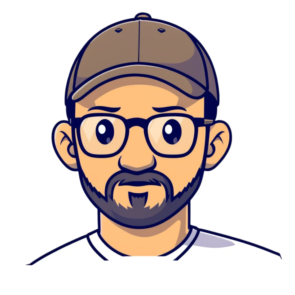 adventurer with goatee beard (no beard on cheeks), short hair, glasses and backwards baseball cap sticker