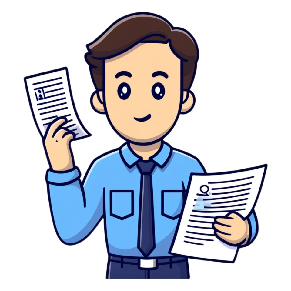 Tax inspector holding papers and asking questions with raised eyebrow sticker