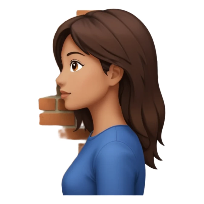 woman side profile standing next to a brick wall of which she is both just behind and just outside of, looking past the edge of the brick wall into the empty space sticker