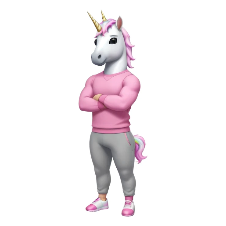 friendly anthropomorphised male white unicorn with a fit, chunky, muscular and strong physique, arms and legs matching the white of the head, wearing grey tracksuit pants and pink jumper, sunglasses, standing with arms folded sticker