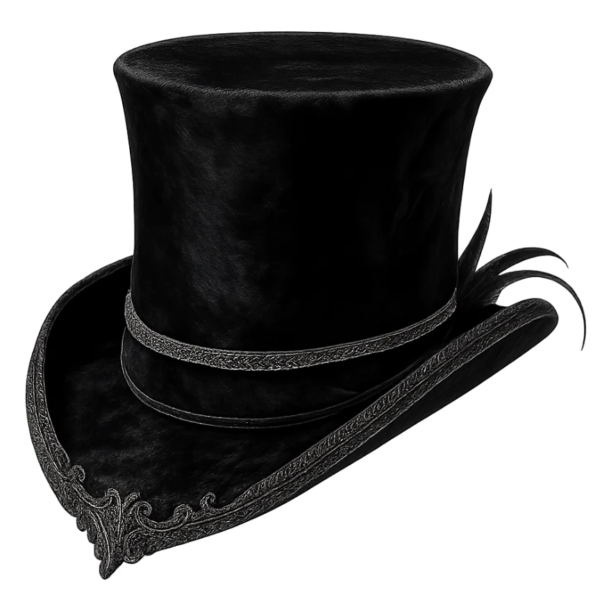 top hat in aristocrat goth style, black velvet, silver trim, dramatic flair sticker
