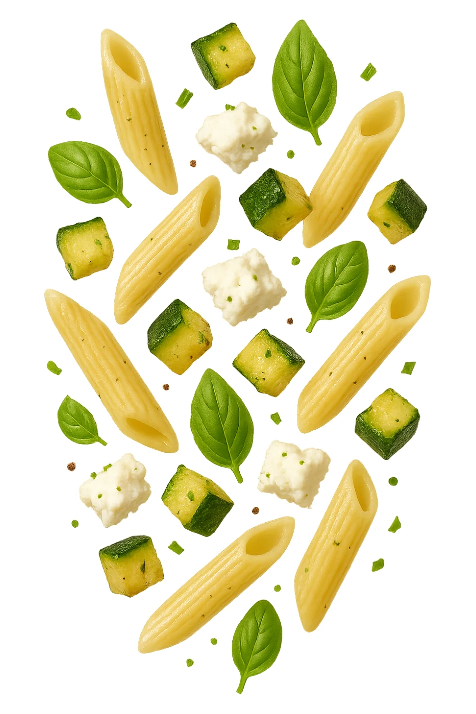 EMOJI STILE IPHONE DI Pasta di riso con zucchine, basilico e feta cade verticalmente, iperrealistica 4k sticker