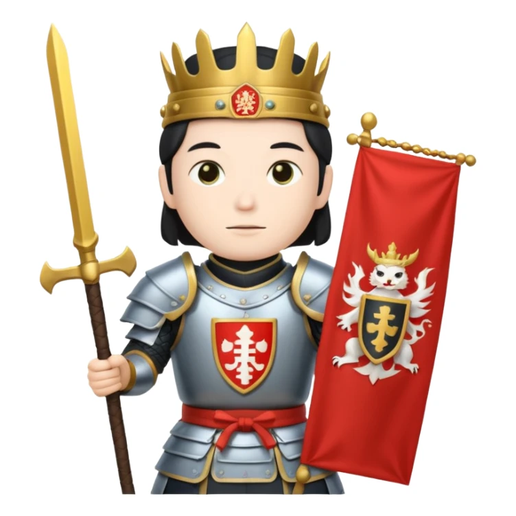 Japanese Castle Lord, Lord standing before a Japanese castle backdrop, holding a banner with family crest. sticker