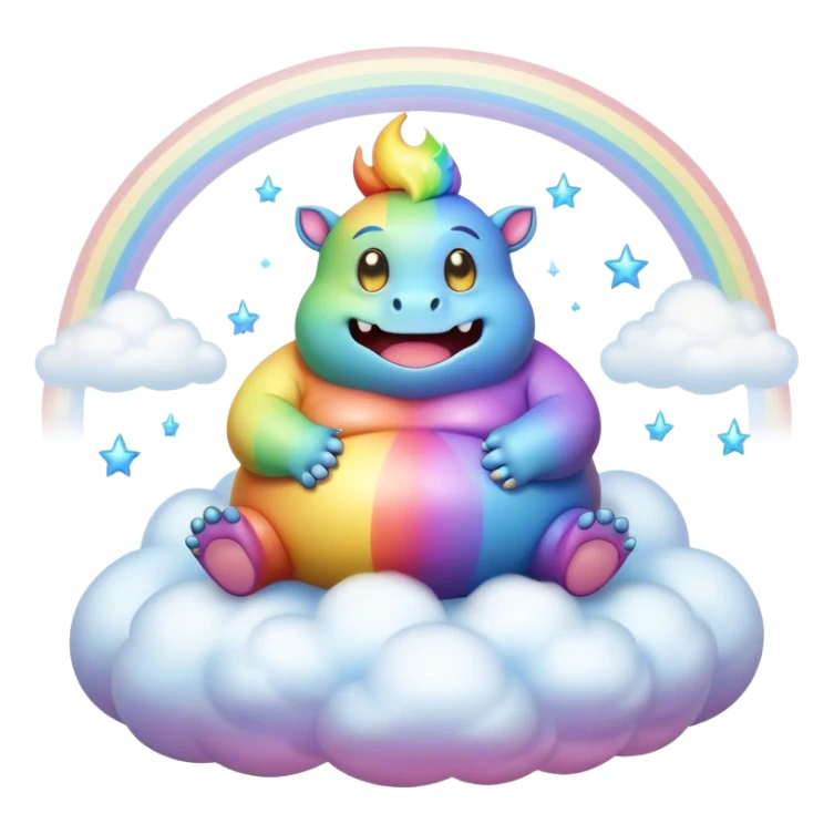 3D, Kawaii derpy fat rainbow monster sitting on a magic rainbow hued cloud, rich textures, visually detailed, so lifelike that it feels like it could leap off the page at any moment sticker