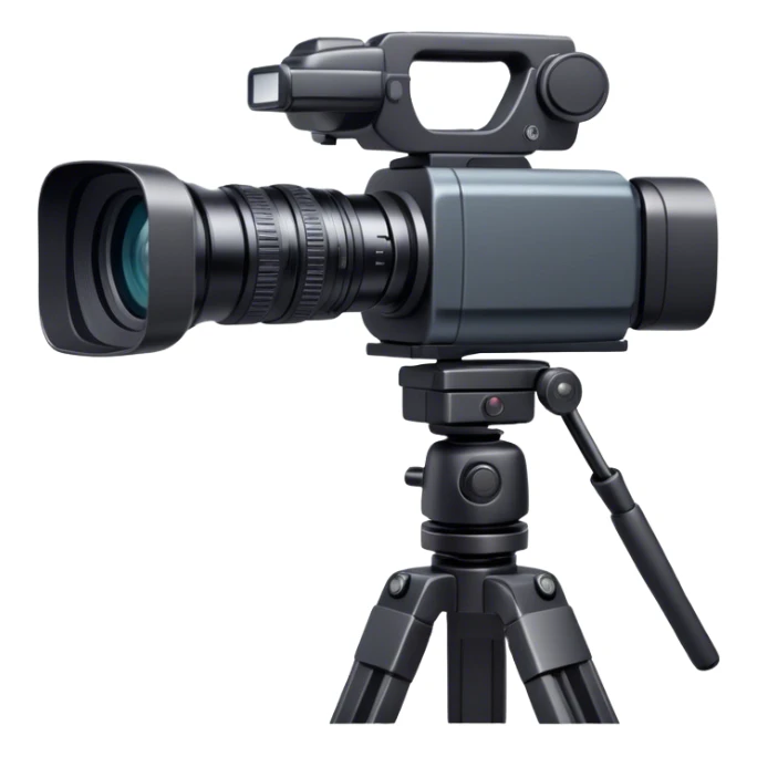 Create an emoji for video recording. Show a  single lens professional video camera on heavy tripod, symbolizing the act of filming. Use modern, professional colors. Do not include any emojis or smiley faces. Make the background transparent. sticker