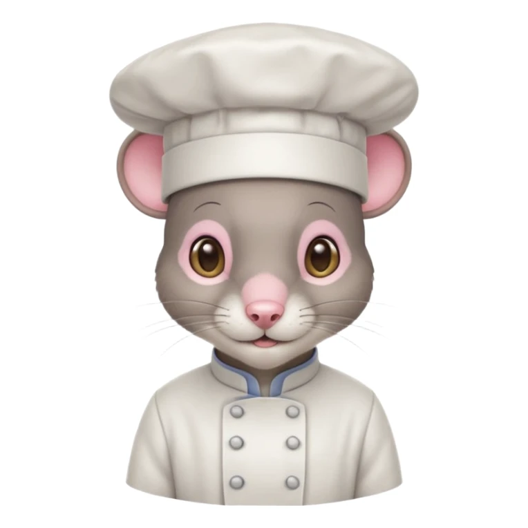 gray mouse with large round ears, brown eyes, and a small pink nose, wearing a white chef’s hat sticker