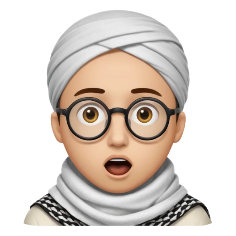 A person with light skin tone, wearing a traditional white keffiyeh with a black agal, large brown eyes, round glasses, and an open mouth showing a surprised or shocked expression. sticker