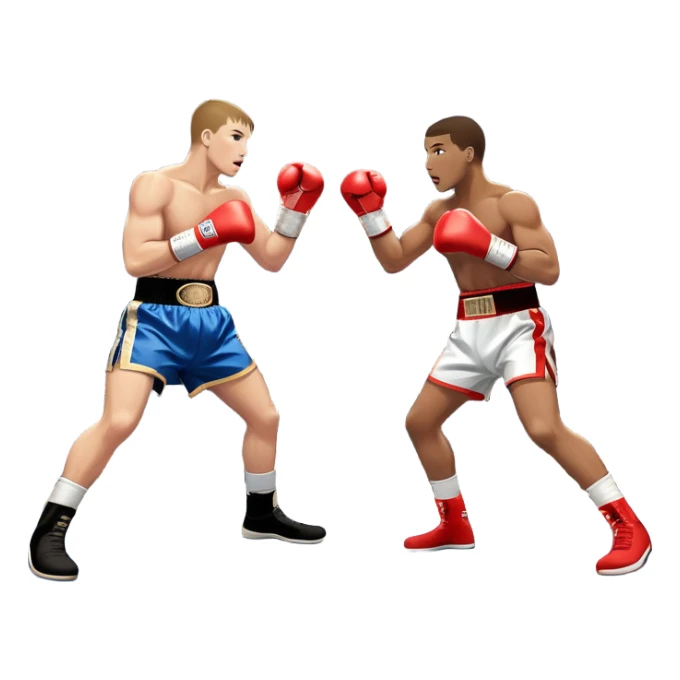  a high-stakes boxing match for the world championship title. Two professional boxers, wearing gloves and championship belts, exchange powerful punches in the center of the ring. The background features a packed arena with bright lights, a roaring crowd, and the championship banner hanging above.  sticker