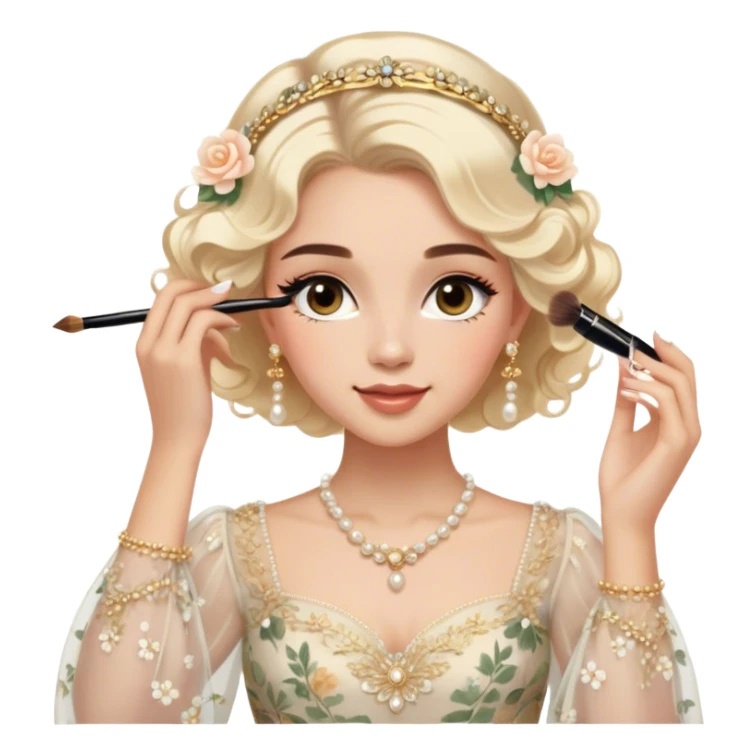  Middle Eastern-inspired moment of a woman getting ready in front of a mirror. She wears a delicate floral dress with sheer, flowy sleeves, accessorized with gold jewelry and traditional pearl-adorned hair clips. Her  as she applies mascara, her reflection revealing a soft smile.  sticker