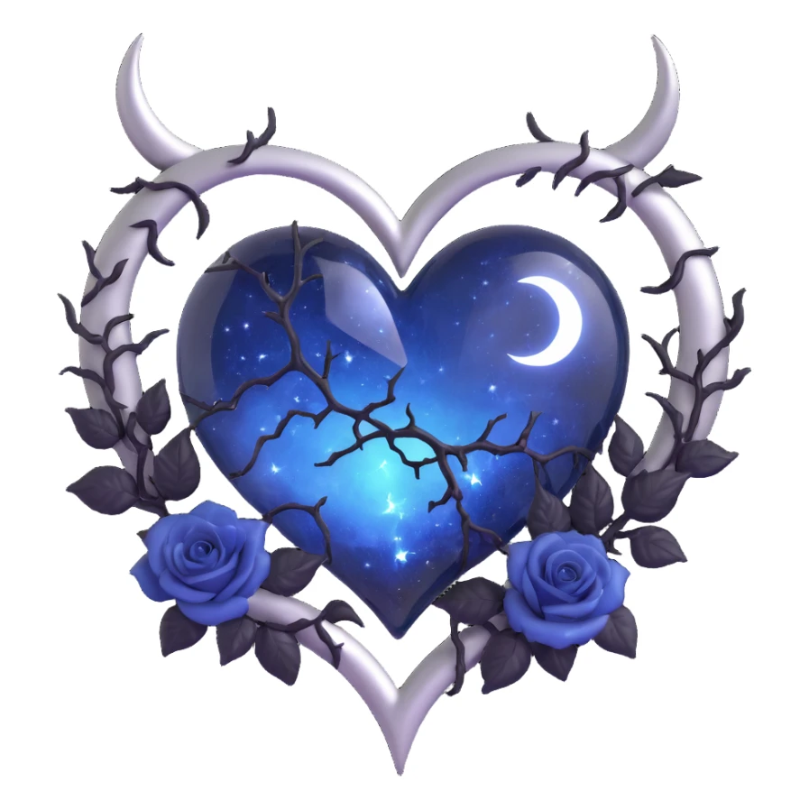 gothic heart, midnight blue glass, silver crescent moon, black roses, stardust, lightning, rain, cracked glass, grunge style sticker