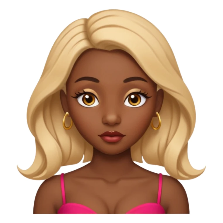 darkskin female with eyebrows that are naturally shaped and frame eyes well, eyes that are almond-shaped with defined lashes. nd lips are full with a defined cupid’s bow, add also a septum piercing that adds an edgy, stylish flair. a middle-part, honey blonde bust-down with laid baby hairs sticker