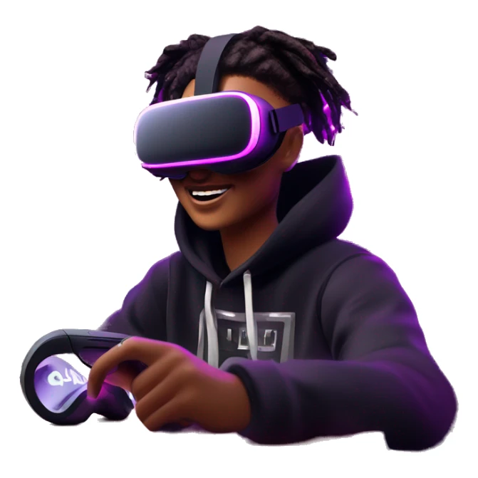 Happy student wearing a black hoodie with "OMG" letters on it and VR headset oculus quest 2 in a cyberpunk VR environment with violet neon lighting. sticker