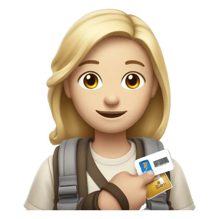 White skin tone student emoji holding student card, other hand holding backpack sticker