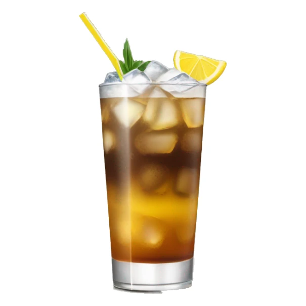 a tall and thin highball cocktail with 2 colors, brown on the bottom and light yellow on top with crush ice and a straw, juste one drink, clear separation between colors sticker