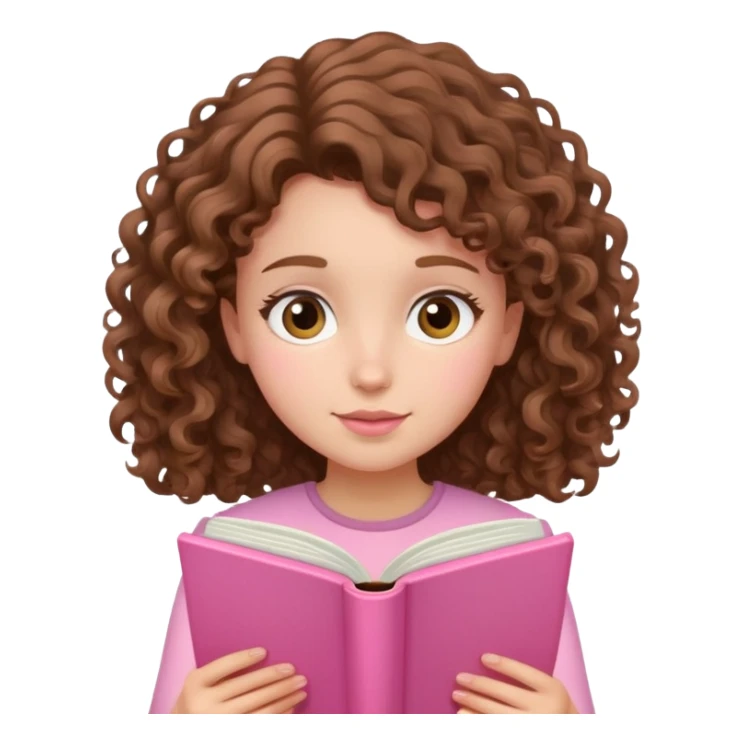 girly character with brown soft curly hair reading a pink book sticker
