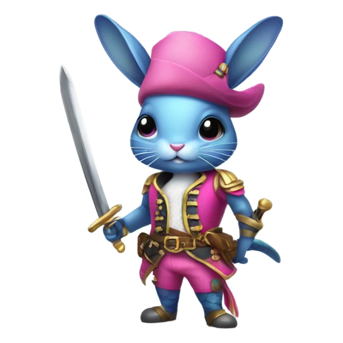 Rainbow fish bunny wearing pink pirate clothes and sword sticker