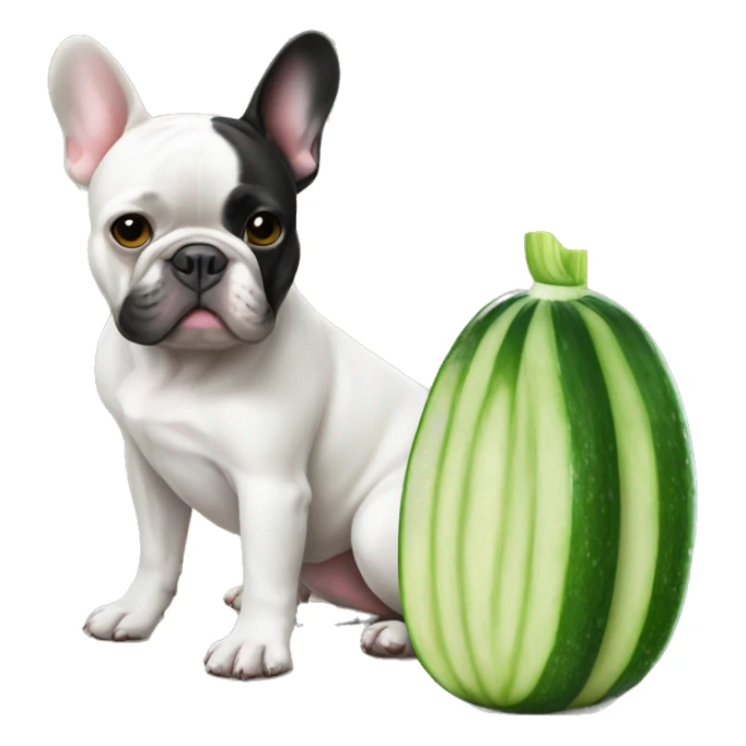 French bulldog with big cucumber sticker