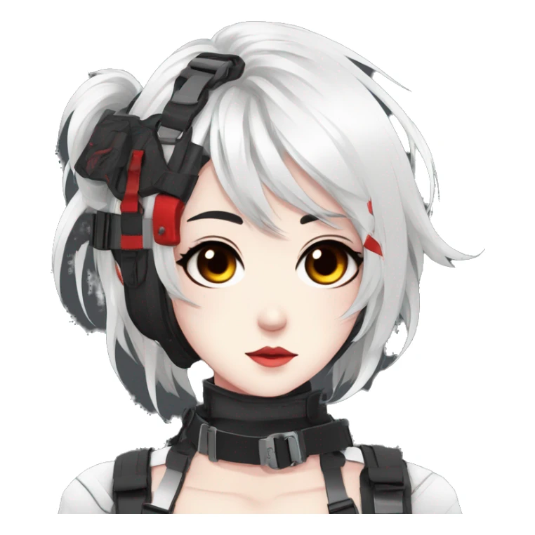 Gorgeous techwear anime style lady with blushing face aesthetic and pretty edgy black red white punk messy hair with collar and harness trending style sticker