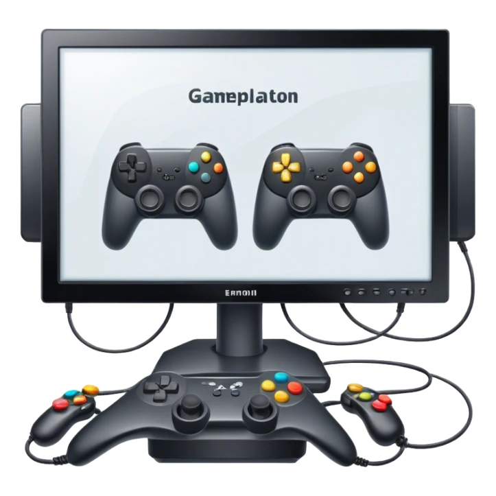 An icon showing two monitors with gaming interfaces, connected by a wire. Each monitor displays a different game screen, with two gamepads placed nearby, symbolizing multiplayer gameplay. transparent background. sticker