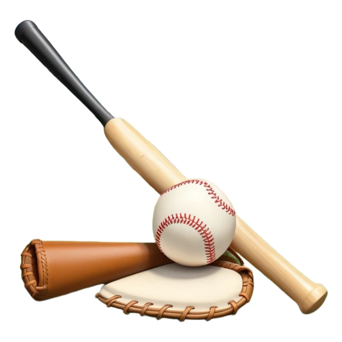 A baseball bat, ball, and glove resting on the ground, set against the backdrop of a baseball field. The scene captures the iconic equipment of the sport, with the field in the distance and a bright sky above, evoking the spirit of the game. sticker