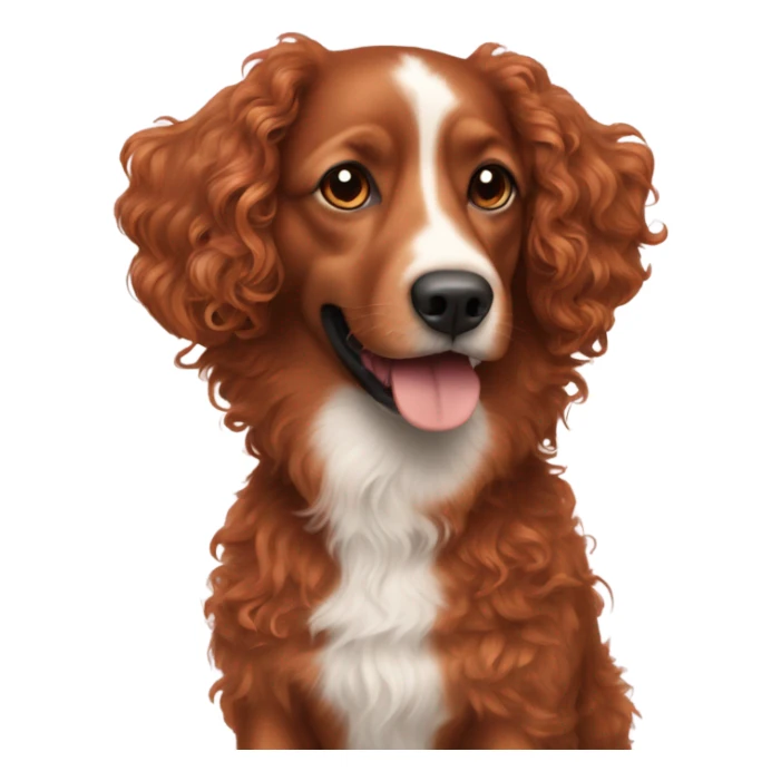 curly/wavy red brown haired dog with a smaller black  sticker