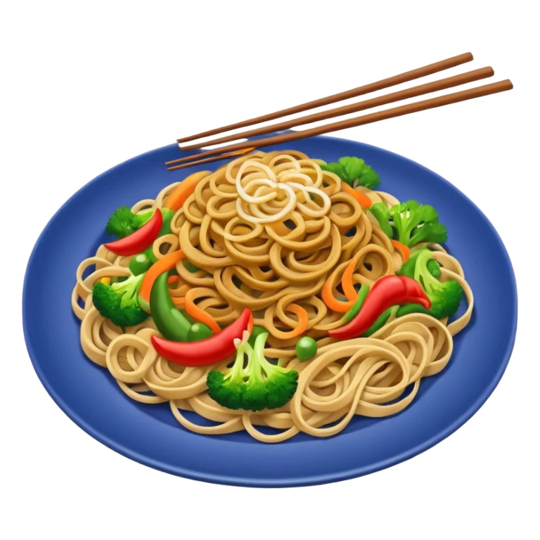 Illustrate stir-fried noodles with vegetables & soy sauce on a plate sticker