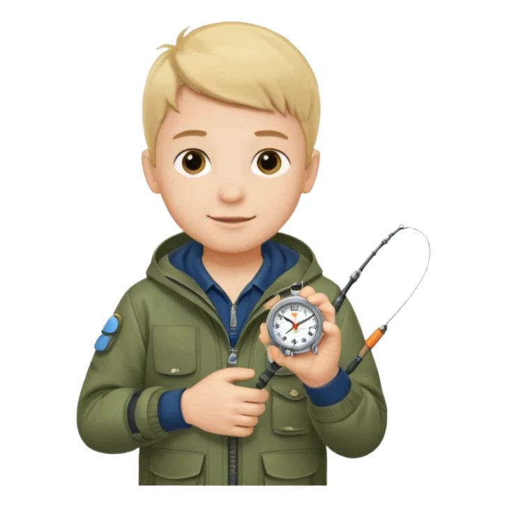 Boy in fishing suit looking at his wristwatch sticker