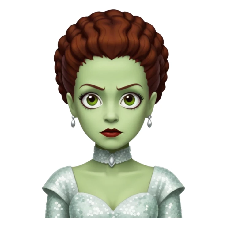 Bride of Frankenstein from Universal Monsters with pale greenish skin, dark auburn hair, white sequin outfit sticker