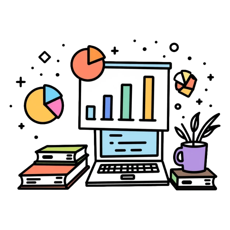 academic research with books, laptop and data charts sticker