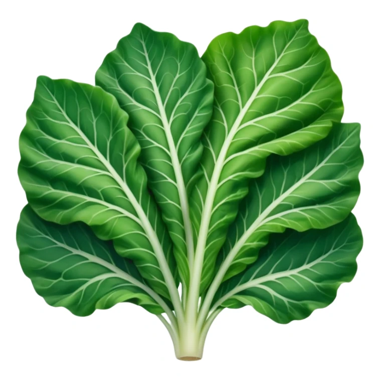 single chard leaf with broad vibrant green blades and thick white rib running down the center, slightly crinkled matte texture, natural curves, visible veins, no bunch soil or extras, soft lighting, subtle shadows, emoji scale sticker