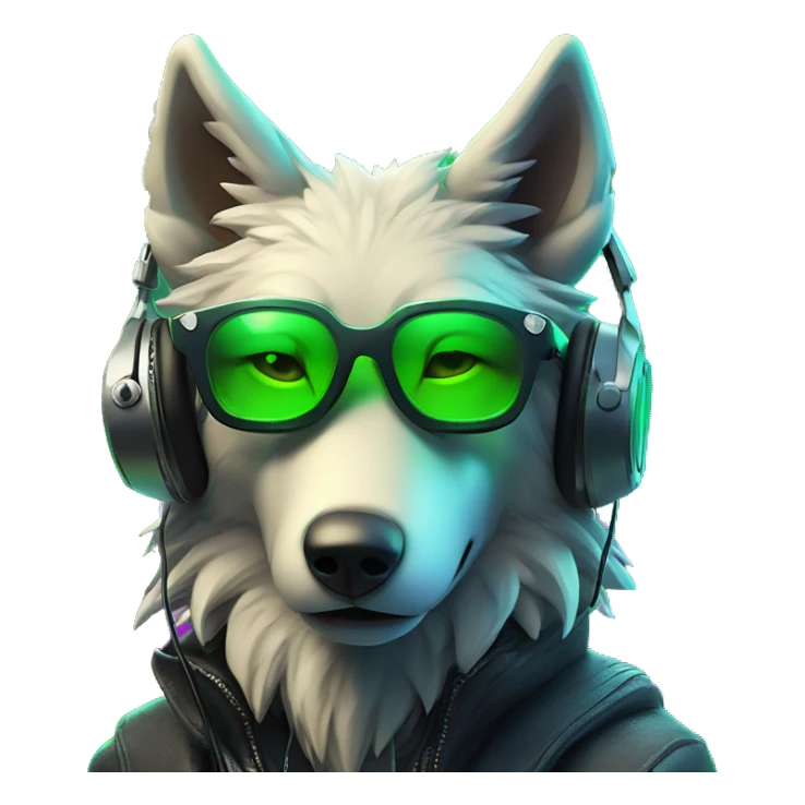 A beautiful cyberpunk Wolf on neon green lights around wearing sunglass and headphones sticker
