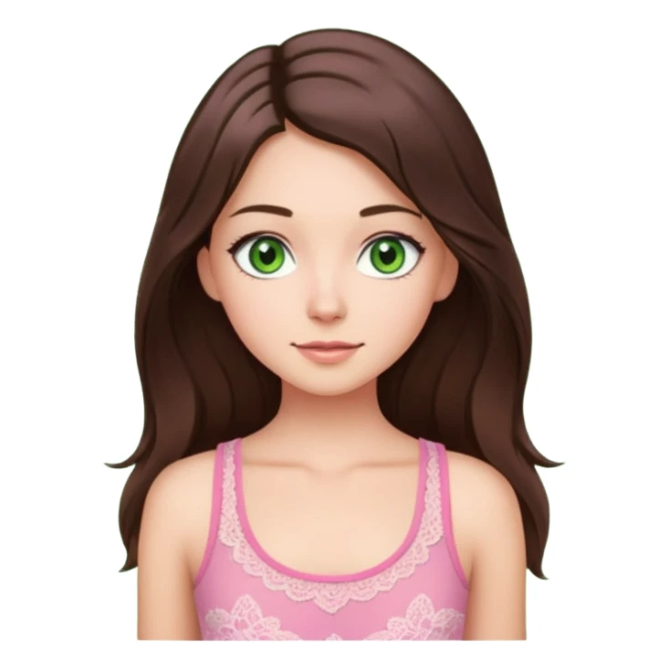 super long haired brunette with middle part cute pink lacy tank white but tan green eyes hairflip sticker