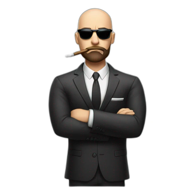 Bald muscular man with brown beard and sunglasses smoking cigar angry face in suit sticker