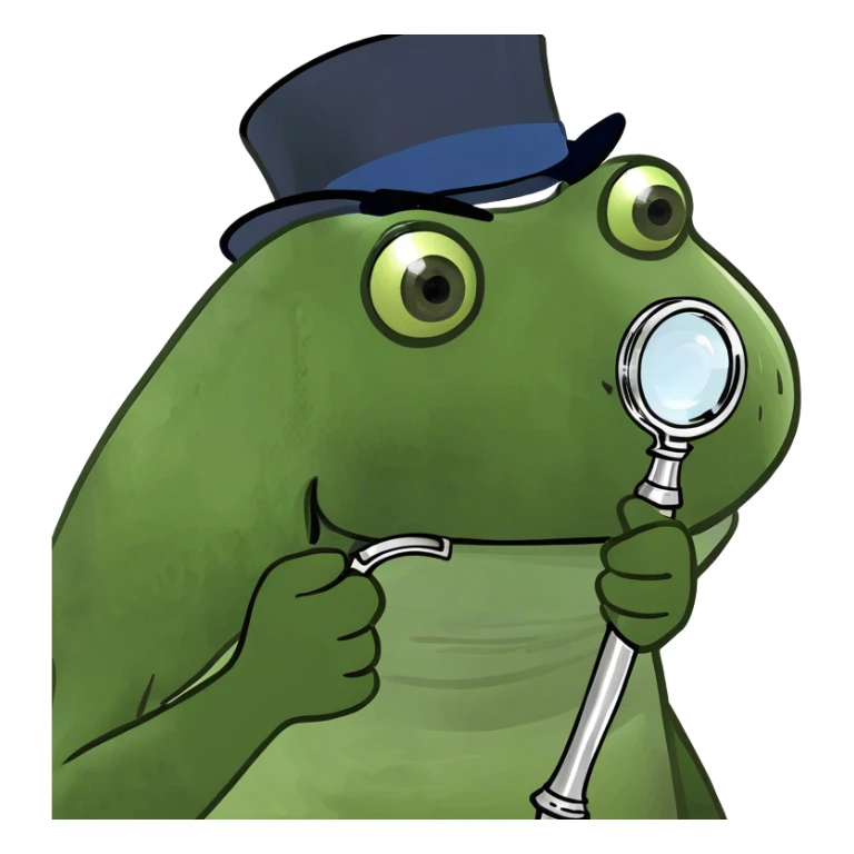 holding up a magnifying glass, wearing a tophat sticker