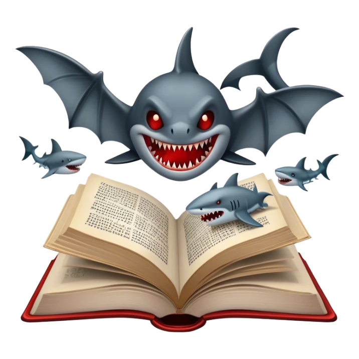 Icon for Horror & Mystery Reading: an open book with eerie glowing symbols, from which rise vampire Dracula with fangs, flying bats, a zombie hand, and a lurking shark with sharp teeth. Surrounding elements. Transparent background. sticker