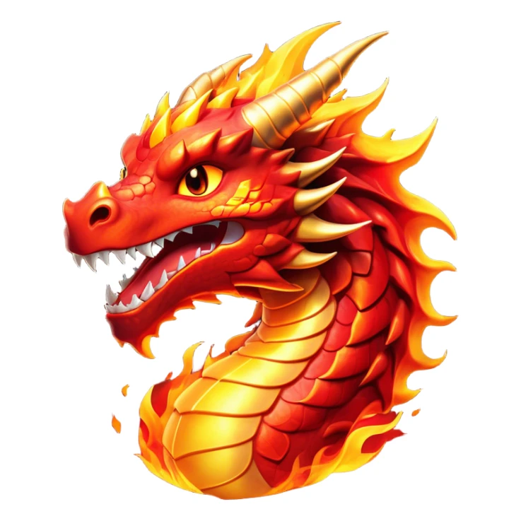 Cinematic Comical Fierce Fire Dragon Portrait Emoji, Head tilted dramatically with an exaggeratedly amused expression, featuring a striking, flame-draped body with bold, blazing scales in intense red and molten gold, and eyes twinkling with fiery mischief; rendered with vivid, lifelike textures and dynamic, flickering shadows, high shine, dramatic yet playful, styled with an air of cheeky volcanic mischief, soft glowing outline, capturing the essence of a spirited and over‐the‐top inferno that looks ready to burst into a cascade of playful embers! sticker
