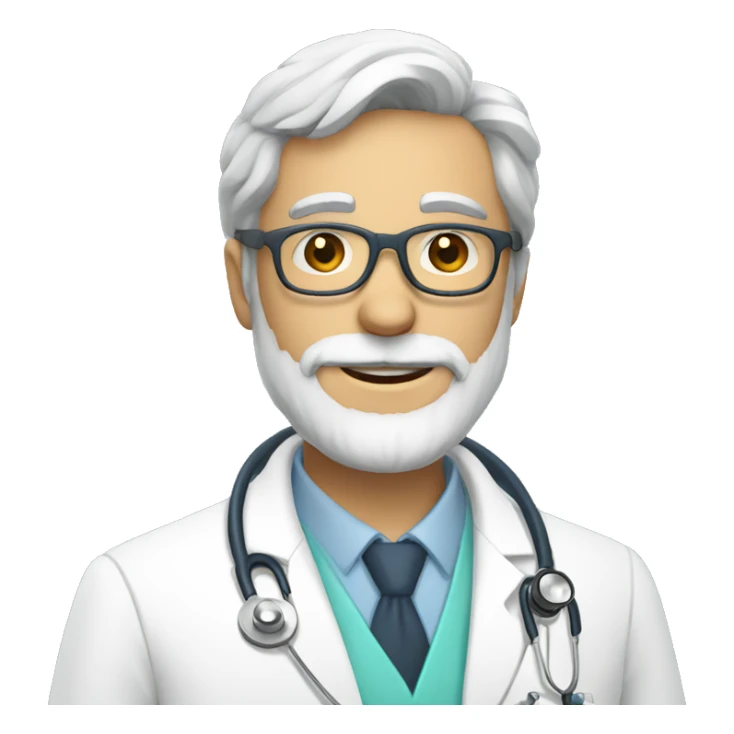 doctor with glasses, gray beard with white coat and stethoscope sticker