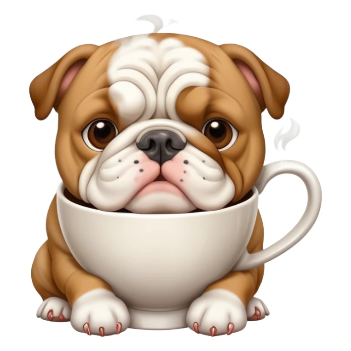 English bulldog next to a steaming coffee cup sticker