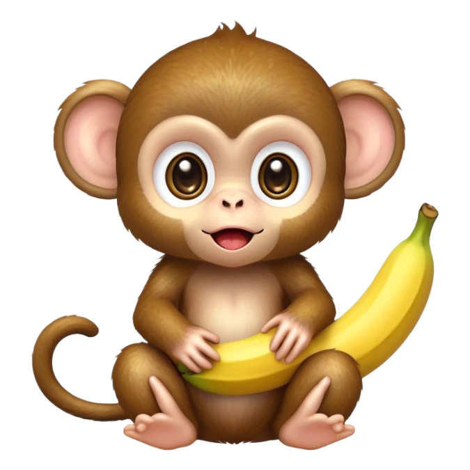 extremely adorable kawaii baby monkey with huge sparkly eyes peeling a banana sticker