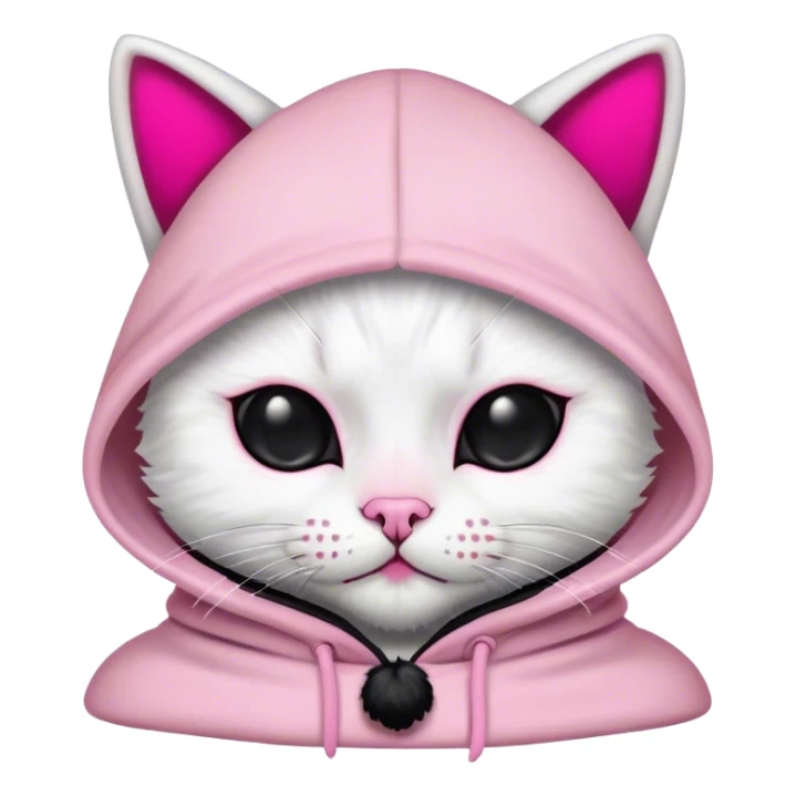 White cat with a black hood with black ear covers with a pink pompom on each ear and a pink skull on the front of the hood sticker