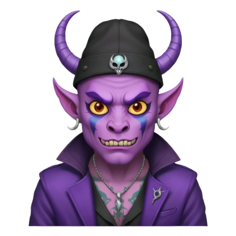 purple demon with tattoos, hat, jacket and horns sticker