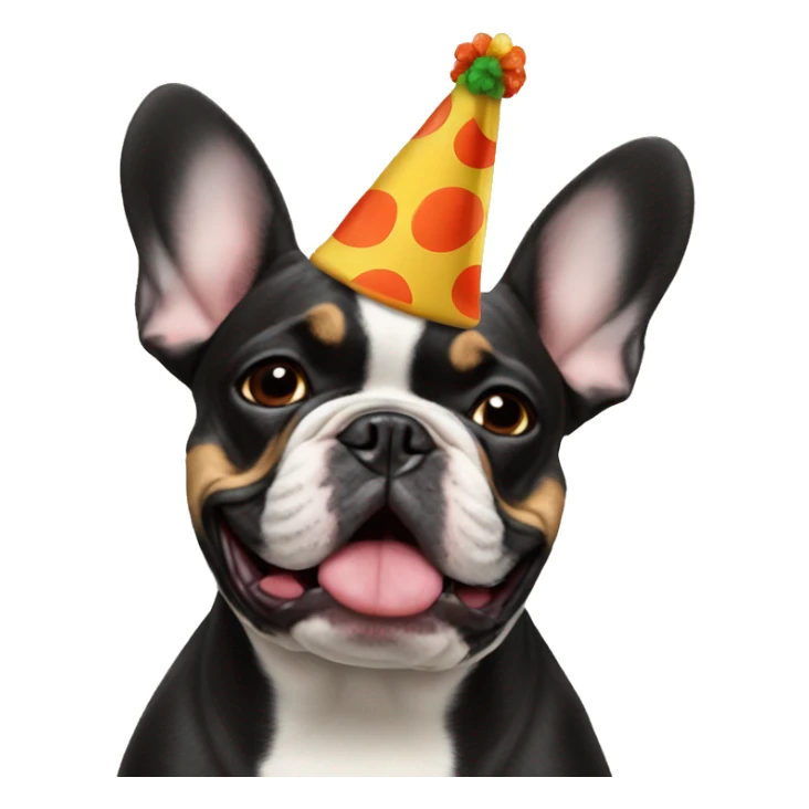 Black-and-tan French bulldog wearing a clown hat sticker