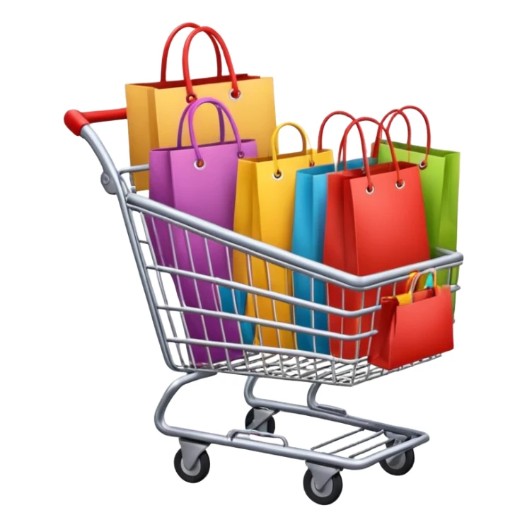 Carrinho de mercado cheio de compras femininas, com diversas maquiagens, roupas  sticker