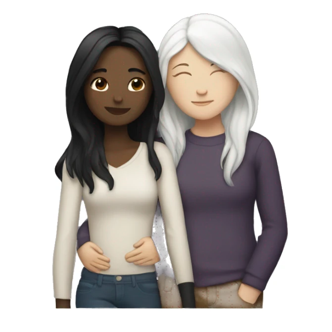A lesbian couple with white skin and long black hair hugging intimately sticker