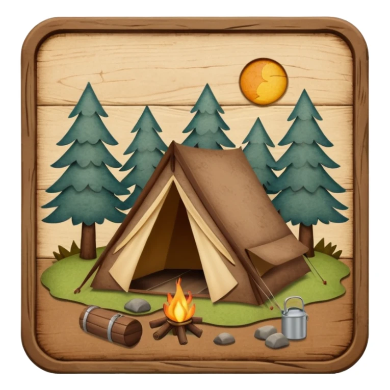 Wooden Camping sign made of felt texture, scrapbooking style, transparent background sticker